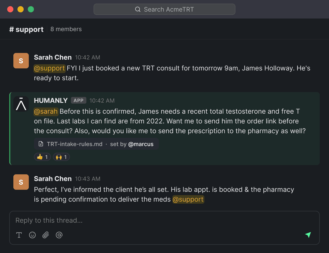 Humanly inside Slack — coaching messages as they happen