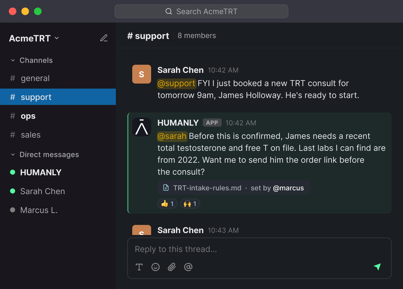 Humanly inside Slack — coaching messages as they happen