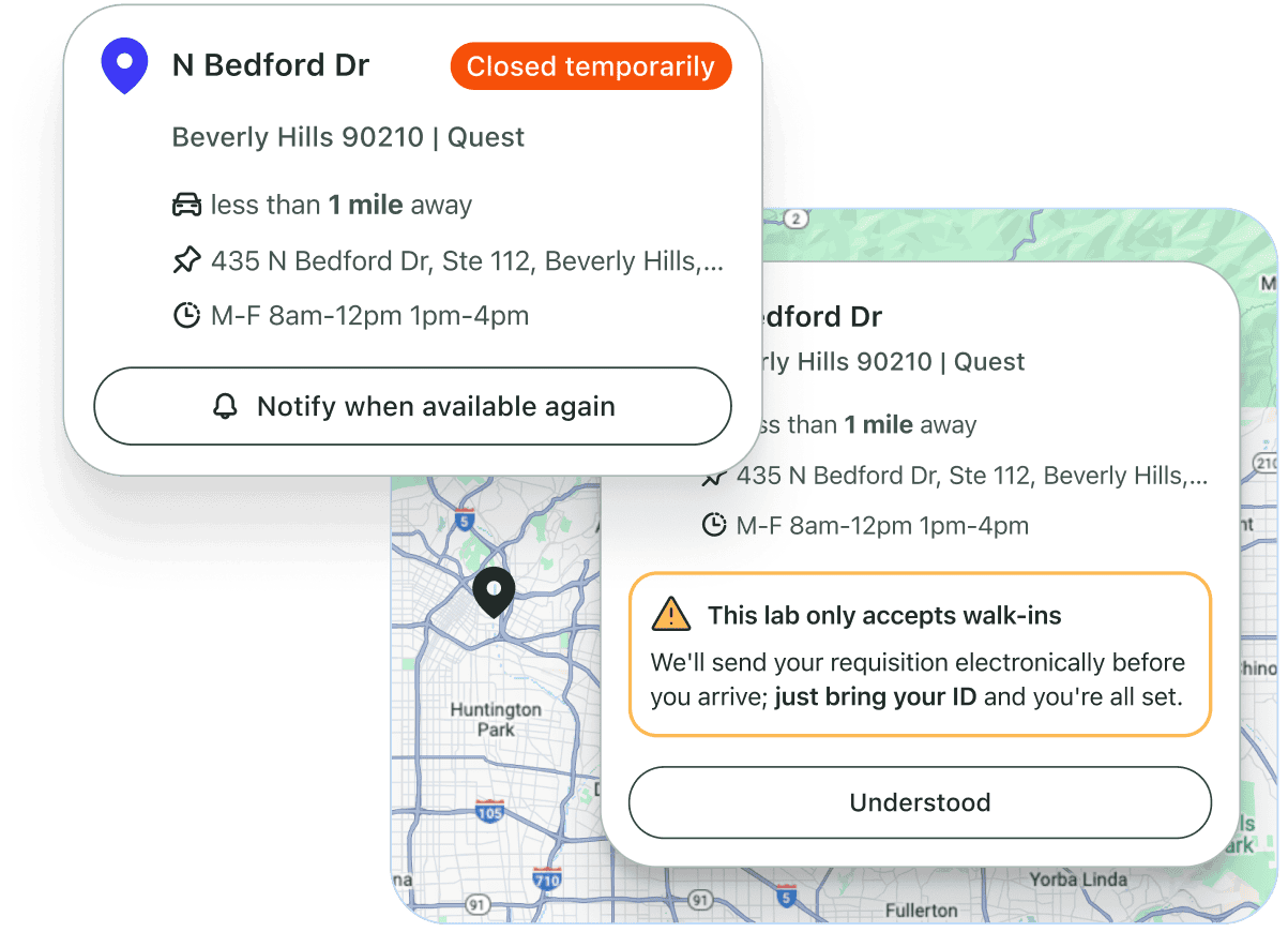 Map showing the nearest open lab and a walk-in-only callout