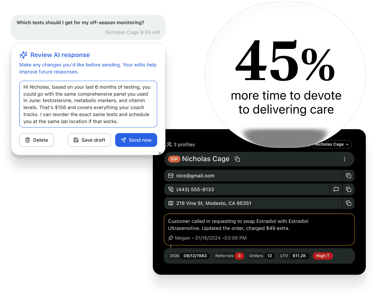 CRM customer panel with an AI-drafted reply and a 45% time-saved callout